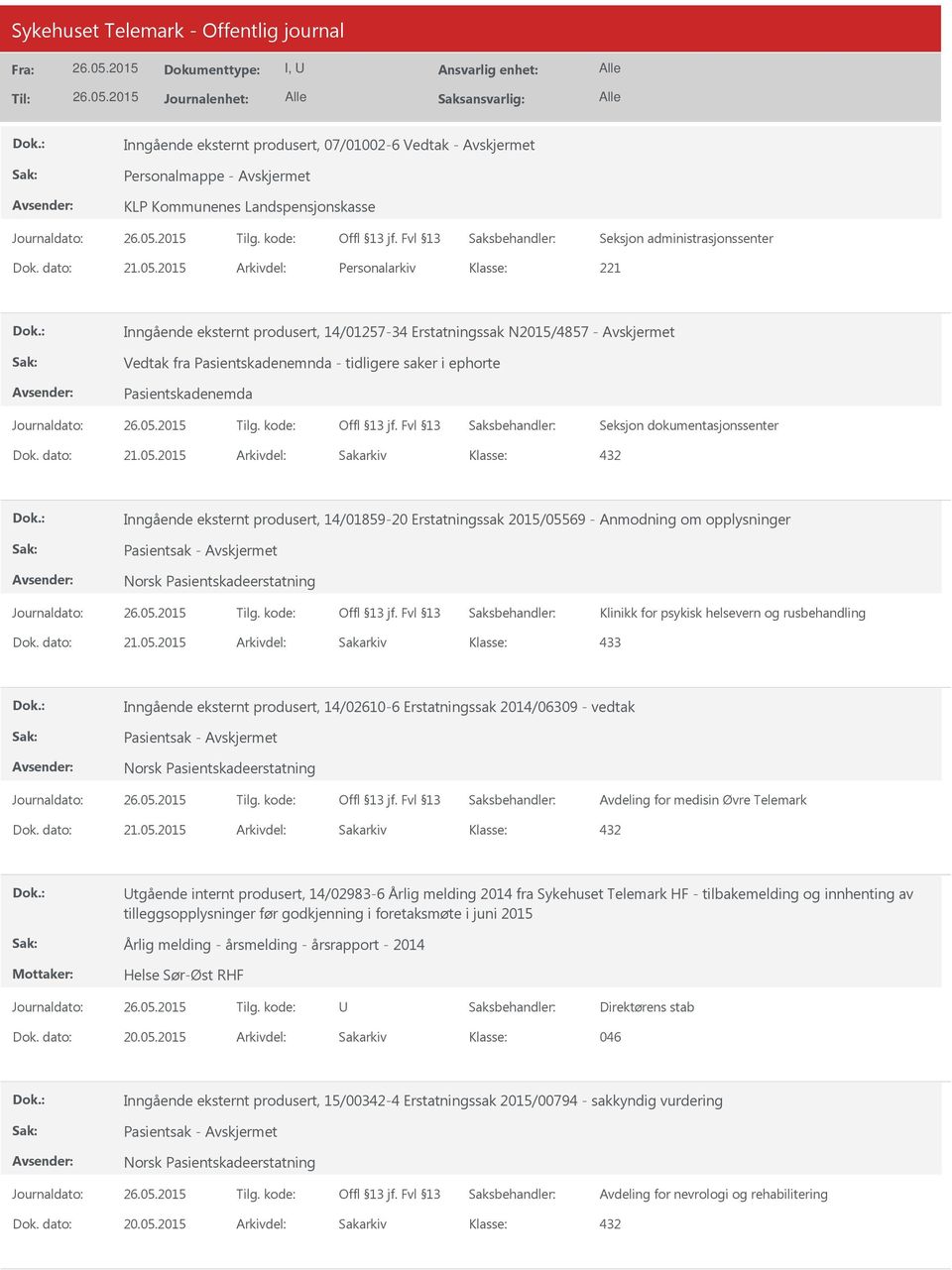 2015 Arkivdel: Sakarkiv 432 Inngående eksternt produsert, 14/01859-20 Erstatningssak 2015/05569 - Anmodning om opplysninger Pasientsak - Norsk Pasientskadeerstatning Klinikk for psykisk helsevern og