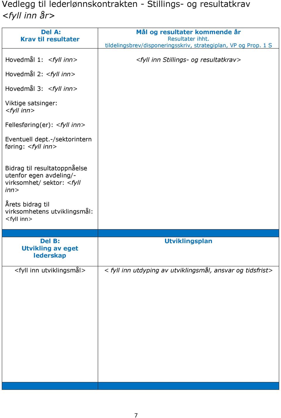 1 S <fyll inn Stillings- og resultatkrav> Hovedmål 2: <fyll inn> Hovedmål 3: <fyll inn> Viktige satsinger: <fyll inn> Fellesføring(er): <fyll inn> Eventuell dept.