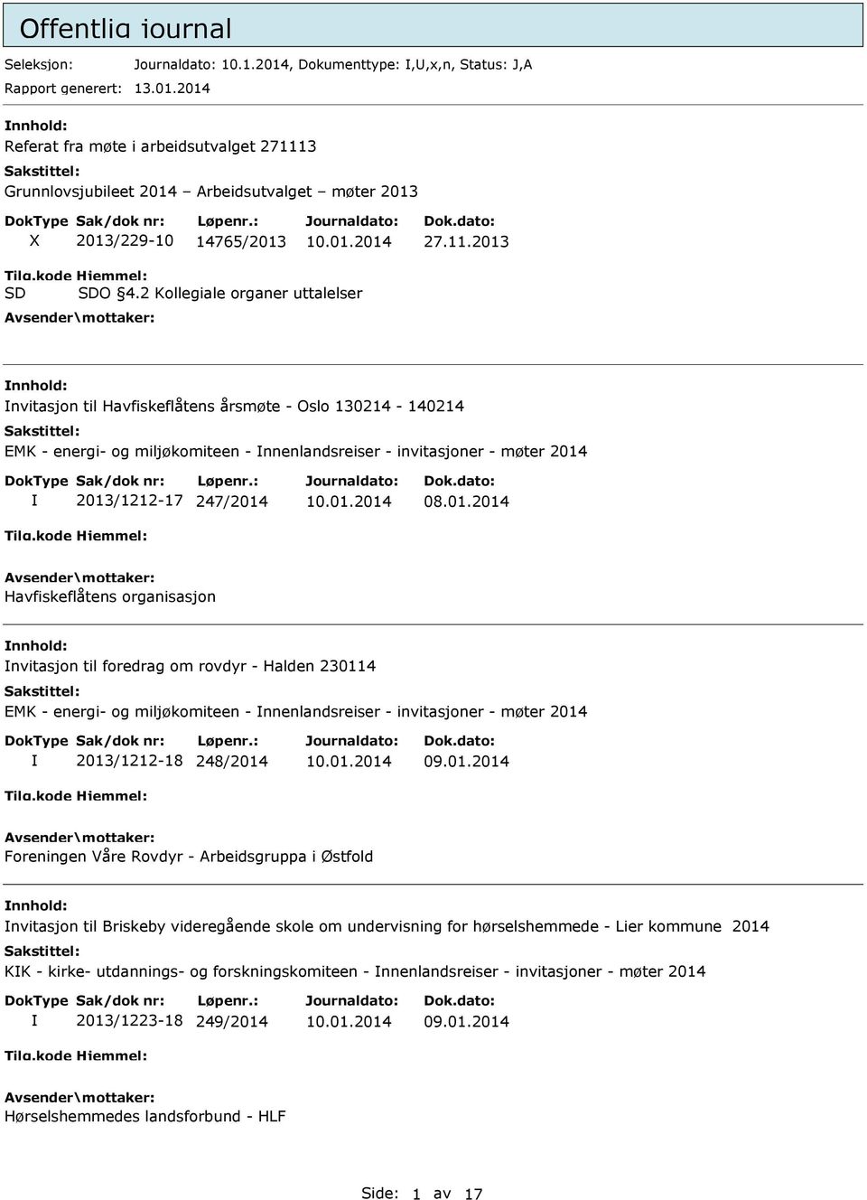 2 Kollegiale organer uttalelser nvitasjon til Havfiskeflåtens årsmøte - Oslo 130214-140214 EMK - energi- og miljøkomiteen - nnenlandsreiser - invitasjoner - møter 2014 2013/1212-17 247/2014