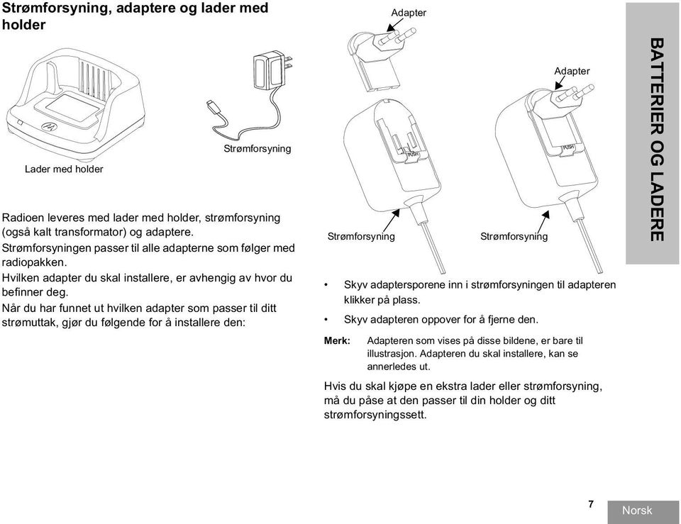 Når du har funnet ut hvilken adapter som passer til ditt strømuttak, gjør du følgende for å installere den: Strømforsyning PUSH Strømforsyning Adapter Skyv adaptersporene inn i strømforsyningen til