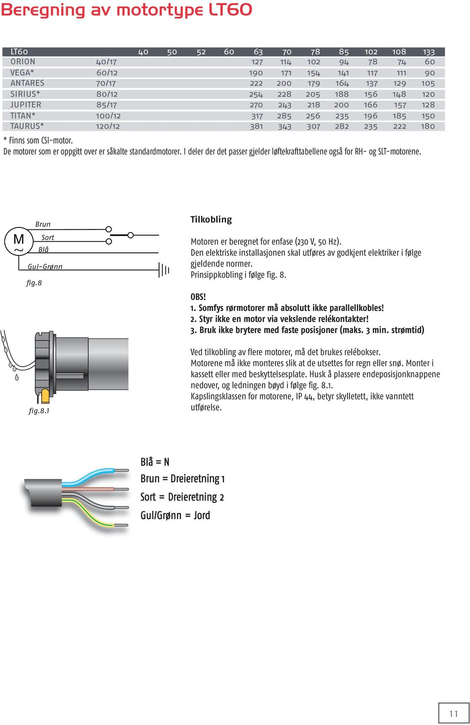 De motorer som er oppgitt over er såkalte standardmotorer. I deler der det passer gjelder løftekrafttabellene også for RH- og SLT-motorene. M Brun Sort Blå Gul-Grønn fig.8 