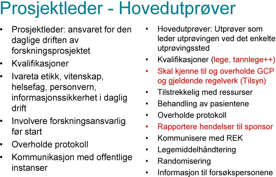 leder utprøvingen ved det enkelte utprøvingssted Kvalifikasjoner (lege, tannlege++) Skal kjenne til og overholde GCP og gjeldende regelverk (Tilsyn) Tilstrekkelig med