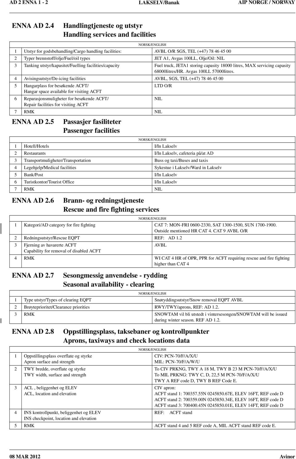 Avgas 100LL, Olje/Oil: 3 Tanking utstyr/kapasitet/fuelling facilities/capacity Fuel truck, JETA1 storing capasity 18000 litres, MAX servicing capasity 68000litres/HR. Avgas 100LL 57000litres.