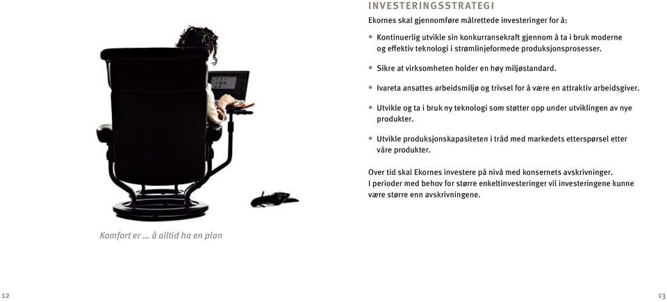 Utvikle og ta i bruk ny teknologi som støtter opp under utviklingen av nye produkter. Utvikle produksjonskapasiteten i tråd med markedets etterspørsel etter våre produkter.