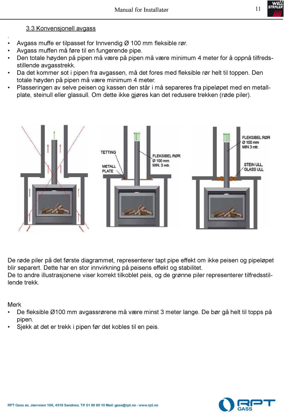 Den totale høyden på pipen må være minimum 4 meter. Plasseringen av selve peisen og kassen den står i må separeres fra pipeløpet med en metallplate, steinull eller glassull.