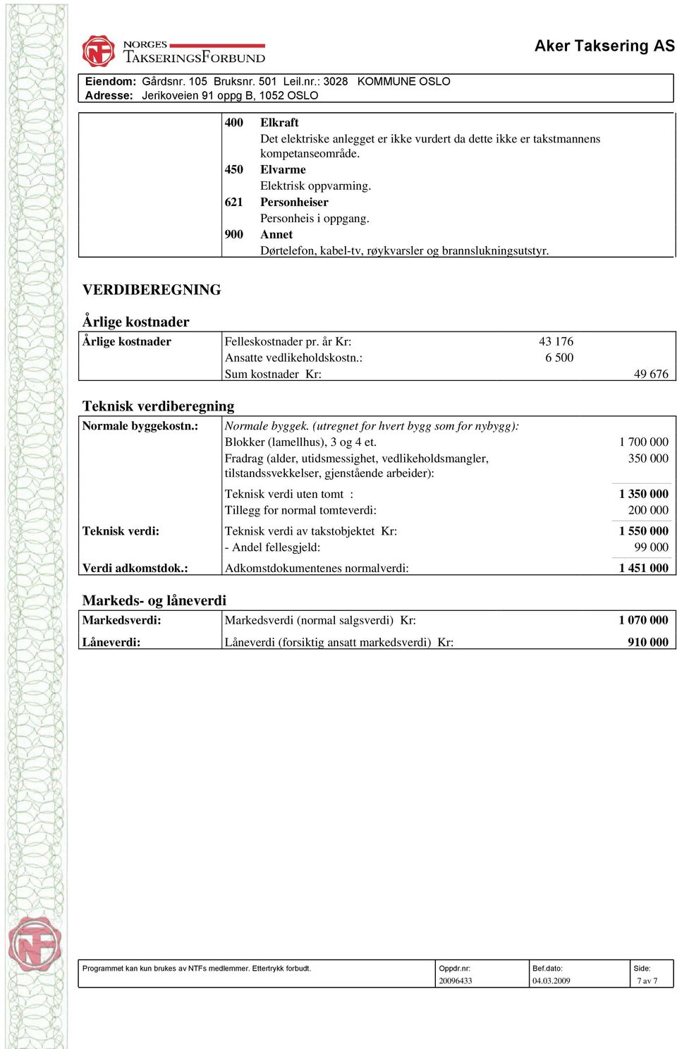 VERDIBEREGNING Årlige kostnader Årlige kostnader Felleskostnader pr. år Kr: 43 176 Ansatte vedlikeholdskostn.: 6 500 Sum kostnader Kr: 49 676 Teknisk verdiberegning Normale byggekostn.