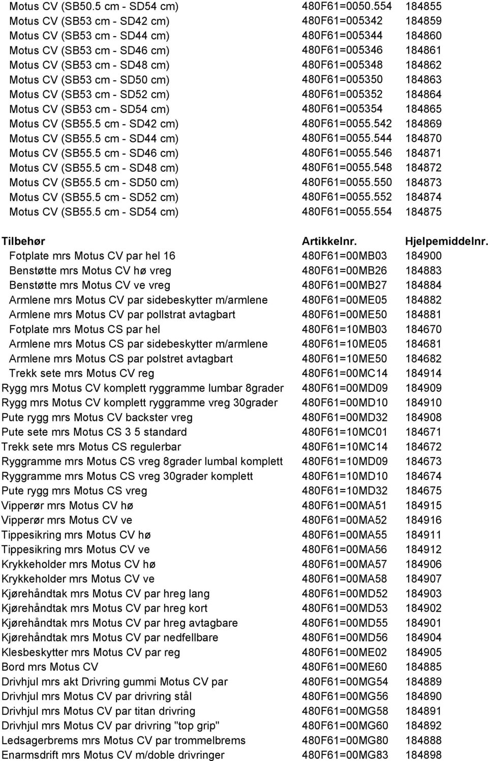 480F61=005348 184862 Motus CV (SB53 cm - SD50 cm) 480F61=005350 184863 Motus CV (SB53 cm - SD52 cm) 480F61=005352 184864 Motus CV (SB53 cm - SD54 cm) 480F61=005354 184865 Motus CV (SB55.