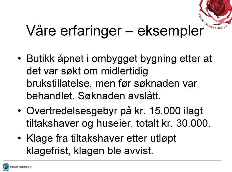 Søknaden avslått. Overtredelsesgebyr på kr. 15.