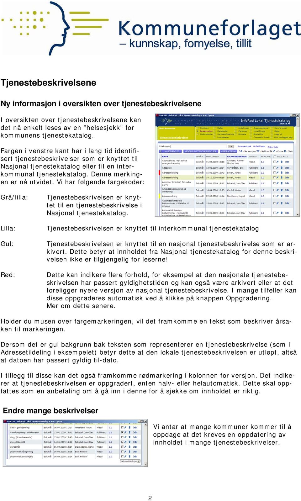 Vi har følgende fargekoder: Grå/lilla: Lilla: Gul: Rød: Tjenestebeskrivelsen er knyttet til en tjenestebeskrivelse i Nasjonal tjenestekatalog.