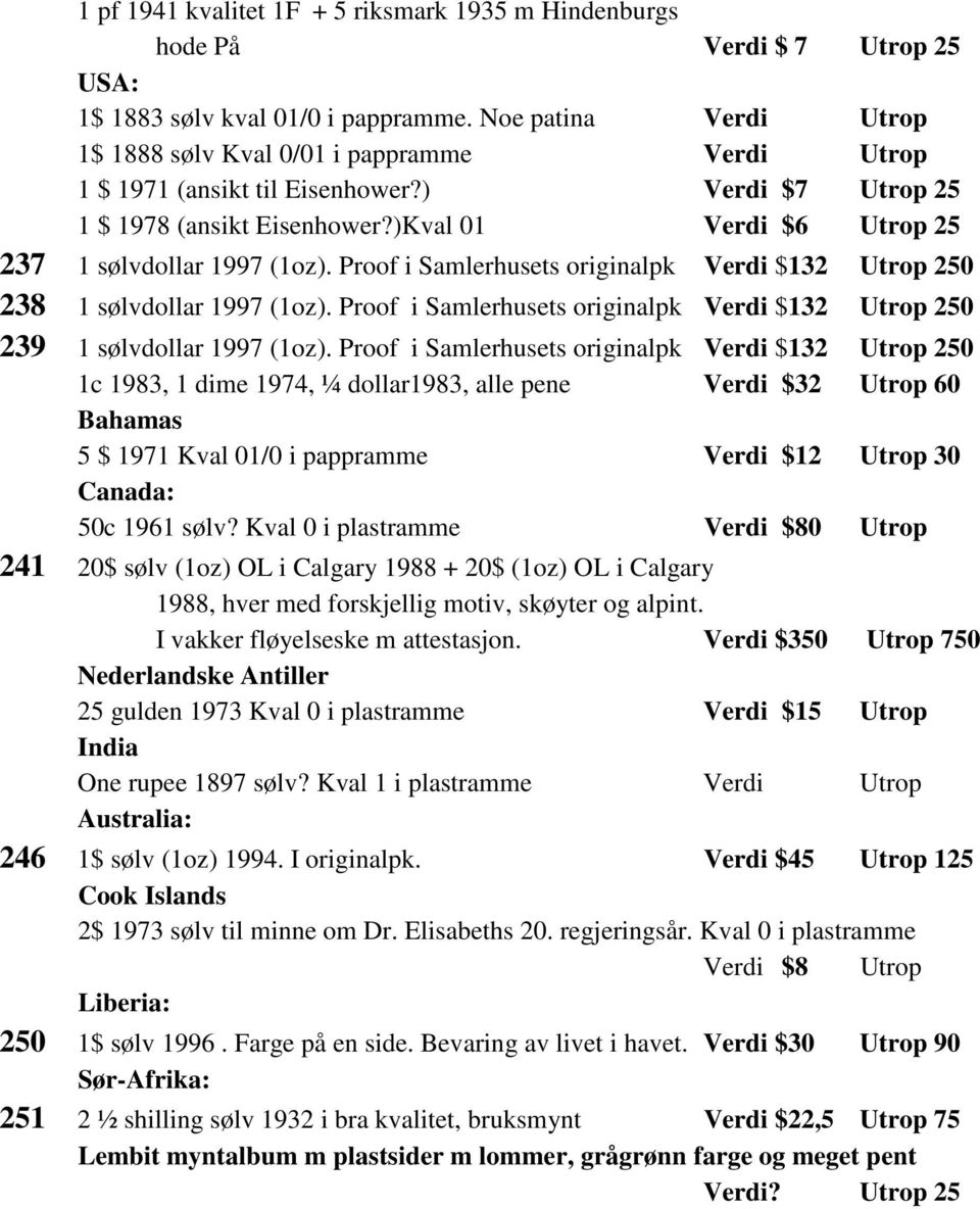 )Kval 01 Verdi $6 Utrop 25 237 1 sølvdollar 1997 (1oz). Proof i Samlerhusets originalpk Verdi $132 Utrop 250 238 1 sølvdollar 1997 (1oz).