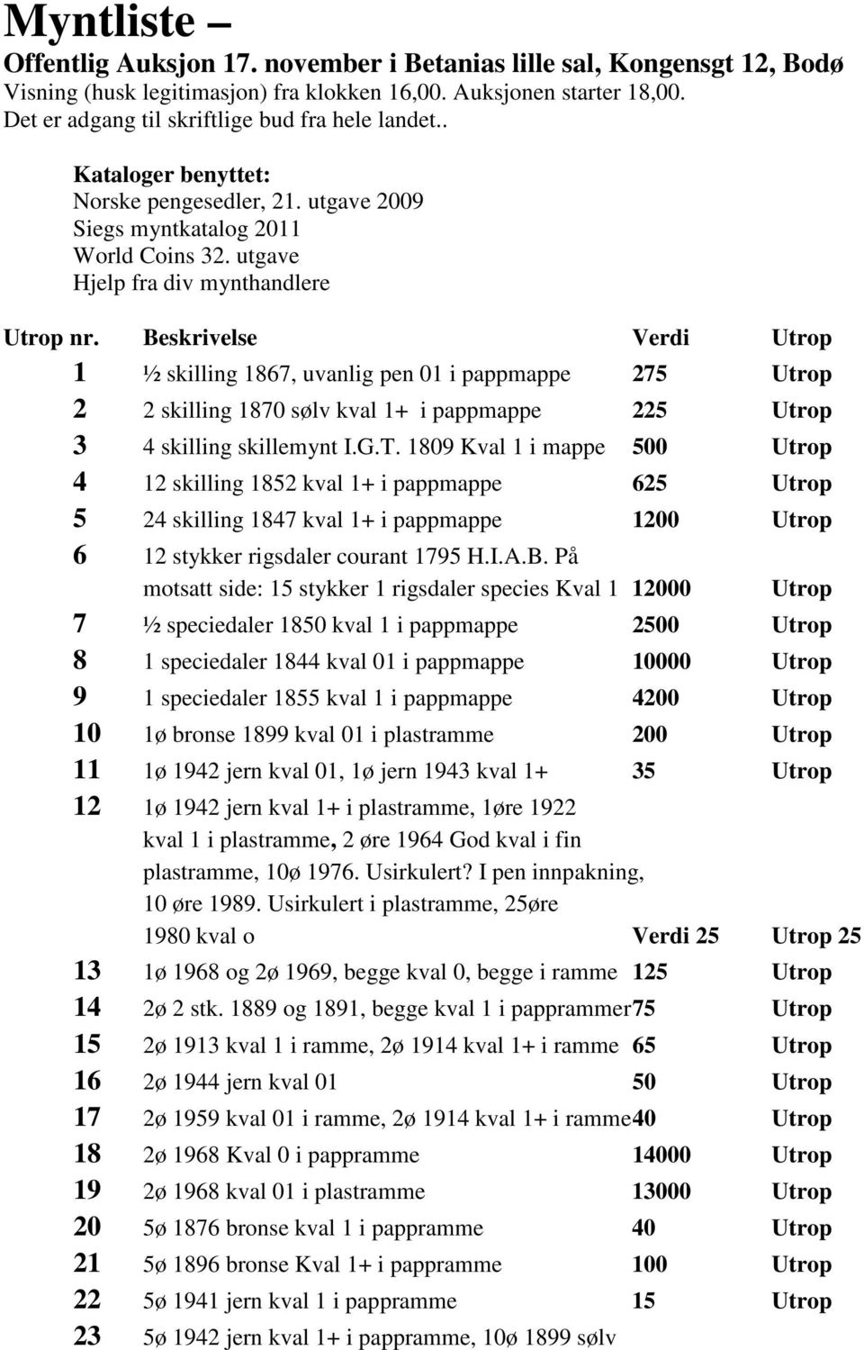 Beskrivelse Verdi Utrop 1 ½ skilling 1867, uvanlig pen 01 i pappmappe 275 Utrop 2 2 skilling 1870 sølv kval 1+ i pappmappe 225 Utrop 3 4 skilling skillemynt I.G.T.