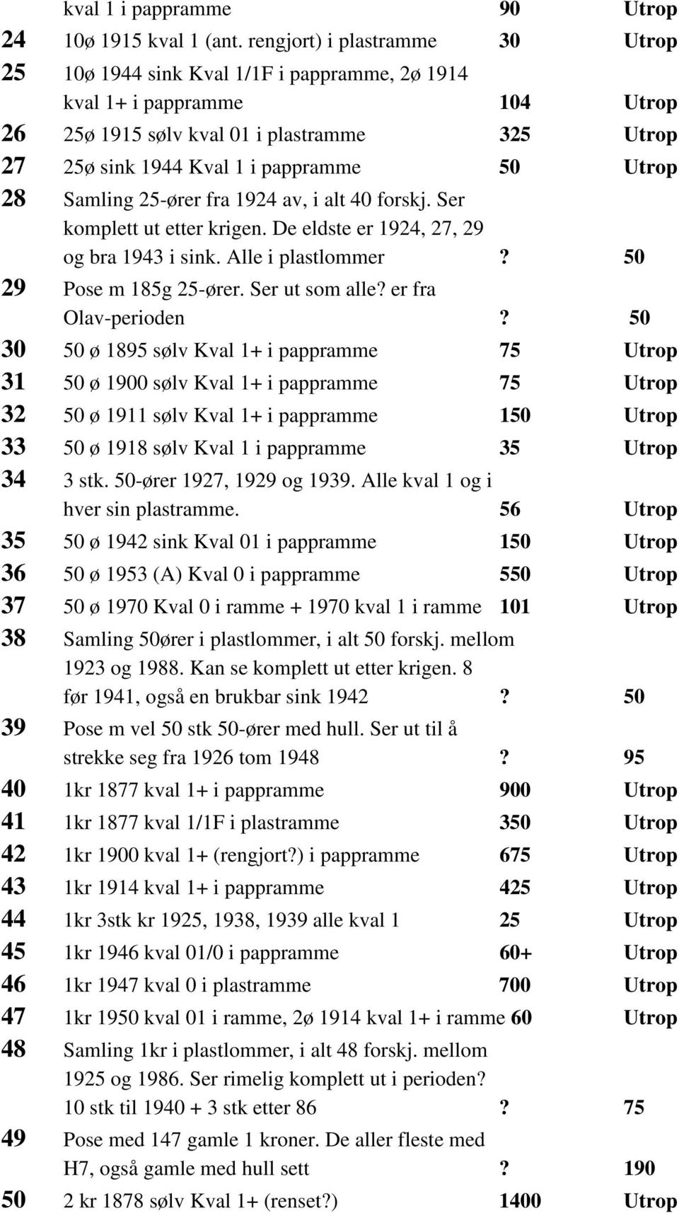 Utrop 28 Samling 25-ører fra 1924 av, i alt 40 forskj. Ser komplett ut etter krigen. De eldste er 1924, 27, 29 og bra 1943 i sink. Alle i plastlommer? 50 29 Pose m 185g 25-ører. Ser ut som alle?