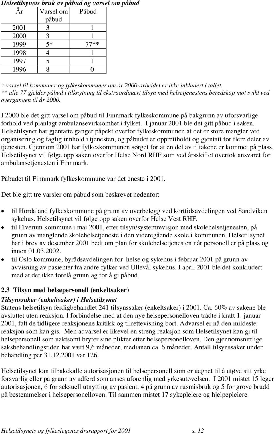 I 2000 ble det gitt varsel om påbud til Finnmark fylkeskommune på bakgrunn av uforsvarlige forhold ved planlagt ambulansevirksomhet i fylket. I januar 2001 ble det gitt påbud i saken.