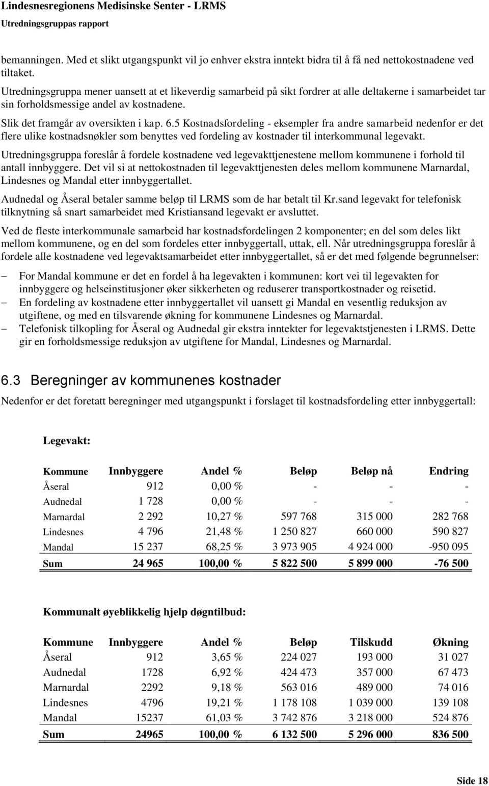 5 Kostnadsfordeling - eksempler fra andre samarbeid nedenfor er det flere ulike kostnadsnøkler som benyttes ved fordeling av kostnader til interkommunal legevakt.