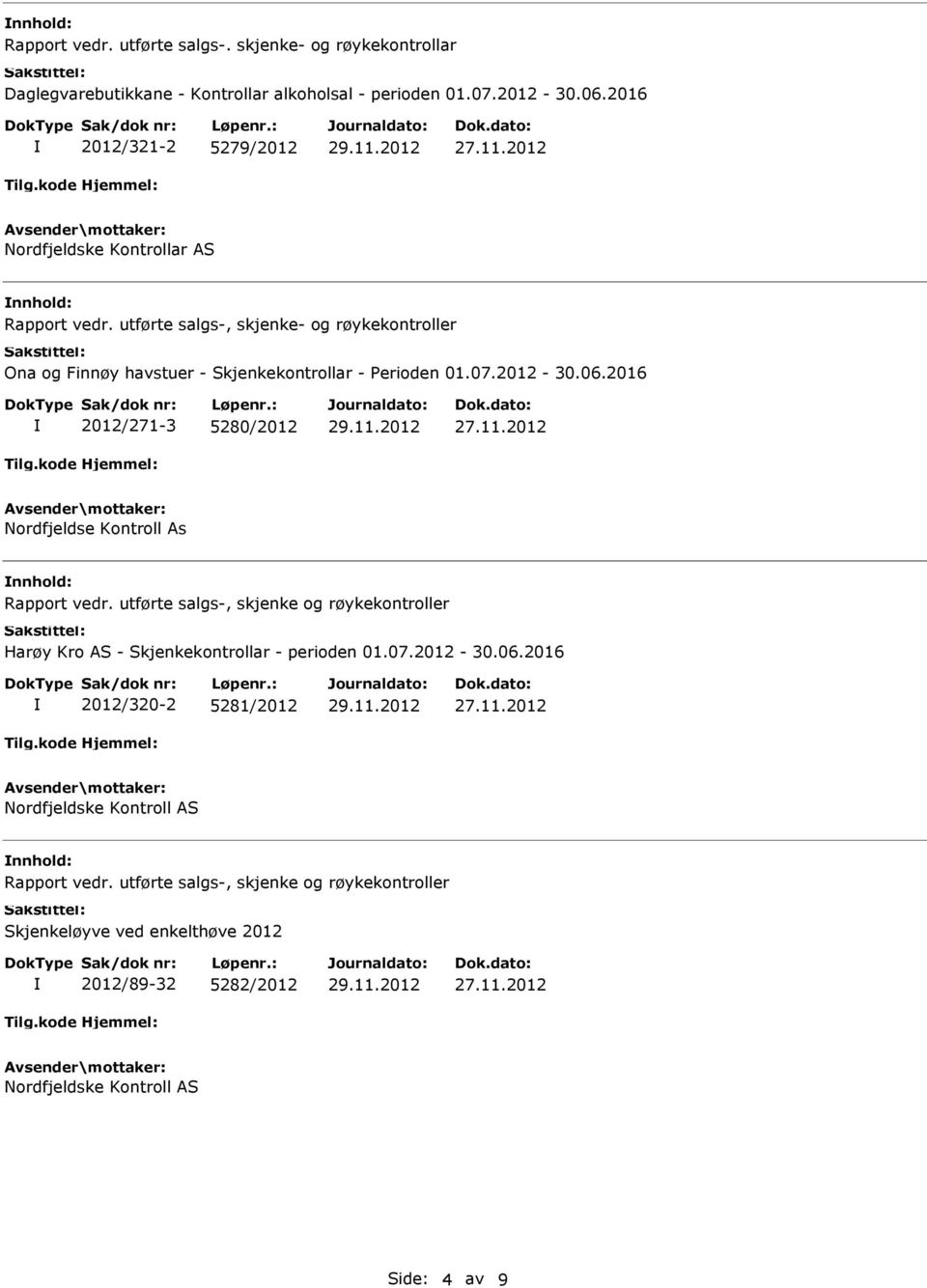 07.2012-30.06.2016 2012/271-3 5280/2012 Nordfjeldse Kontroll As Rapport vedr. utførte salgs-, skjenke og røykekontroller Harøy Kro AS - Skjenkekontrollar - perioden 01.