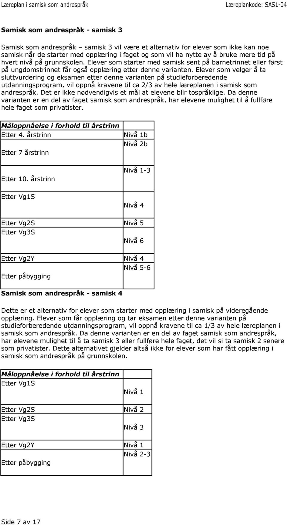 Elever som velger å ta sluttvurdering og eksamen etter denne varianten på studieforberedende, vil oppnå kravene til ca 2/3 av hele læreplanen i samisk som andrespråk.