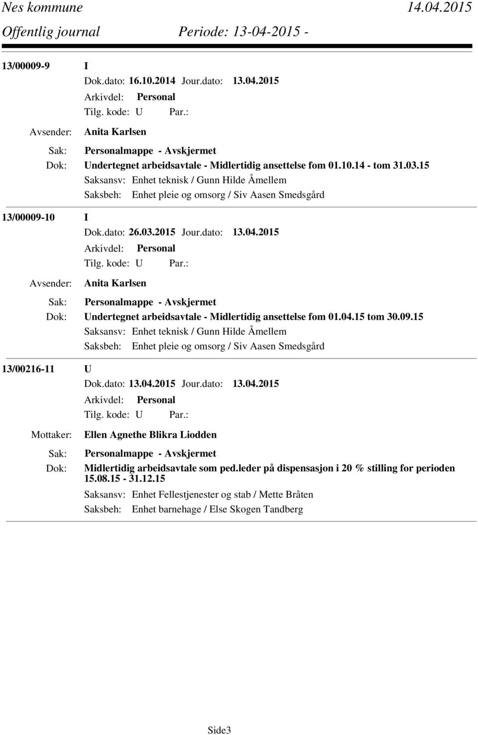 2015 Anita Karlsen Personalmappe - Undertegnet arbeidsavtale - Midlertidig ansettelse fom 01.04.15 tom 30.09.