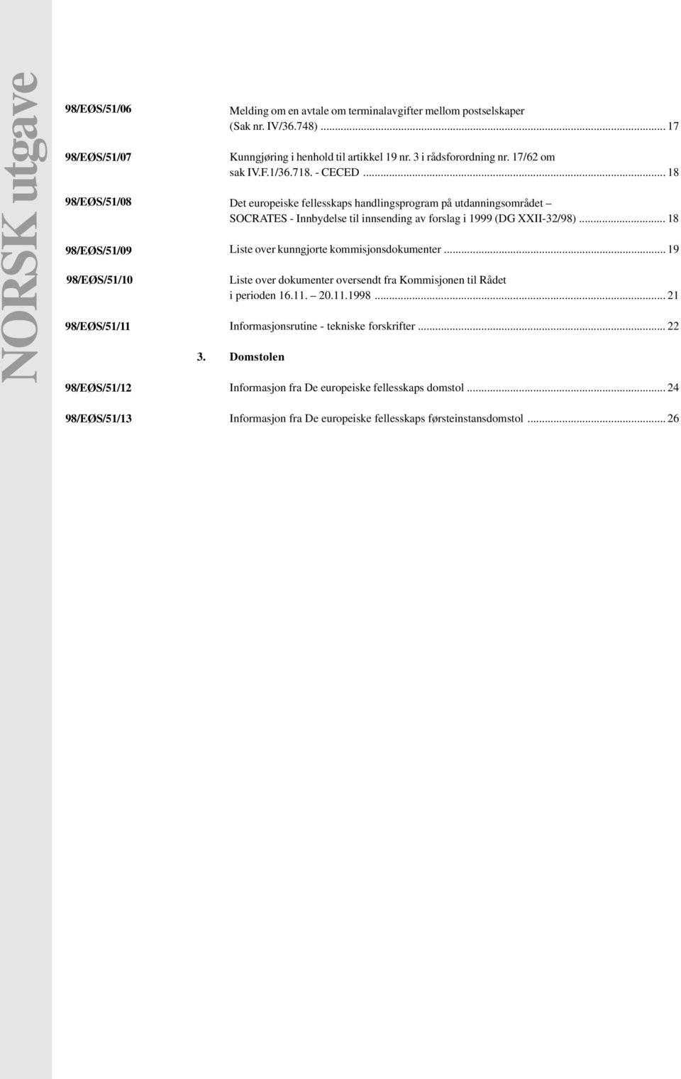 .. 18 Det europeiske fellesskaps handlingsprogram på utdanningsområdet SOCRATES - Innbydelse til innsending av forslag i 1999 (DG XXII-32/98)... 18 Liste over kunngjorte kommisjonsdokumenter.