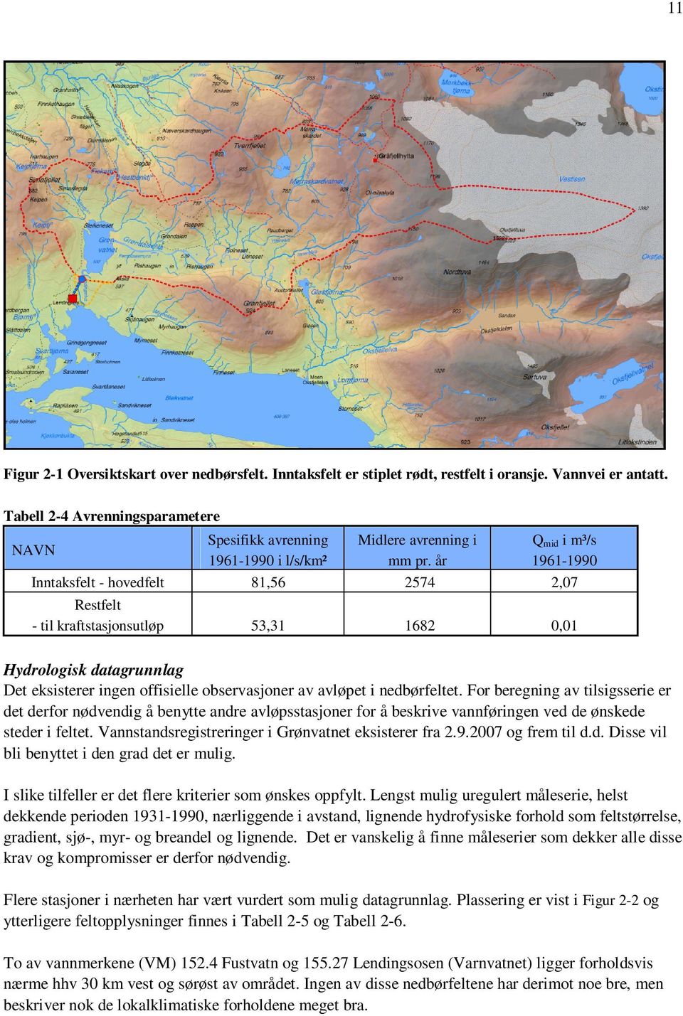 år Q mid i m³/s 1961-1990 Inntaksfelt - hovedfelt 81,56 2574 2,07 Restfelt - til kraftstasjonsutløp 53,31 1682 0,01 Hydrologisk datagrunnlag Det eksisterer ingen offisielle observasjoner av avløpet i