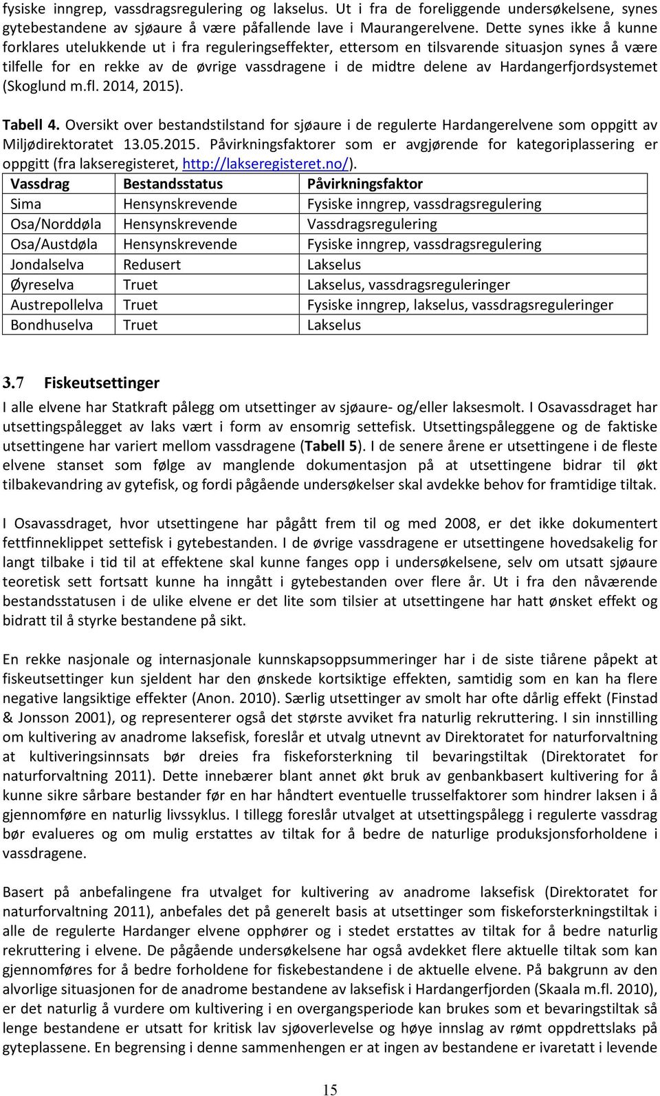 Hardangerfjordsystemet (Skoglund m.fl. 214, 215). Tabell 4. Oversikt over bestandstilstand for sjøaure i de regulerte Hardangerelvene som oppgitt av Miljødirektoratet 13.5.215. Påvirkningsfaktorer som er avgjørende for kategoriplassering er oppgitt (fra lakseregisteret, http://lakseregisteret.