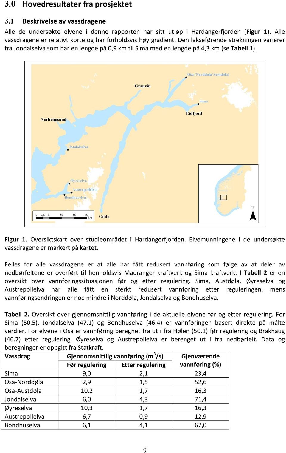 Figur 1. Oversiktskart over studieområdet i Hardangerfjorden. Elvemunningene i de undersøkte vassdragene er markert på kartet.
