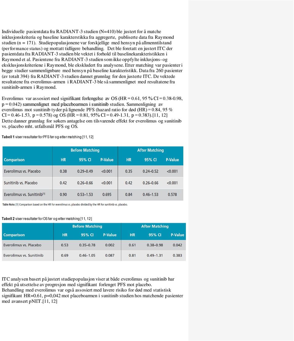 Det ble foretatt en justert ITC der pasientdata fra RADIANT-3 studien ble vektet i forhold til baselinekarakteristikken i Raymond et al.