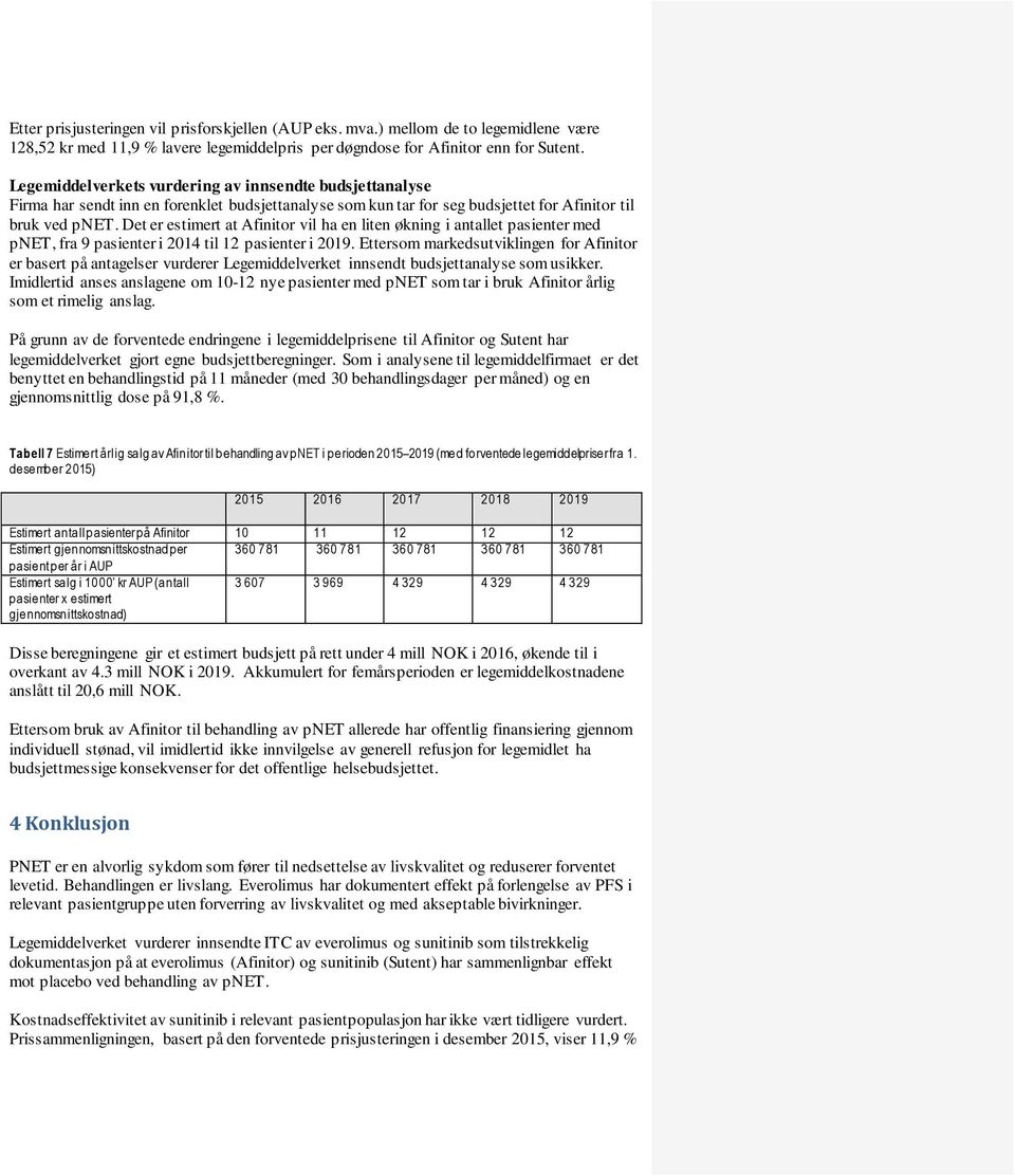 Det er estimert at Afinitor vil ha en liten økning i antallet pasienter med pnet, fra 9 pasienter i 2014 til 12 pasienter i 2019.