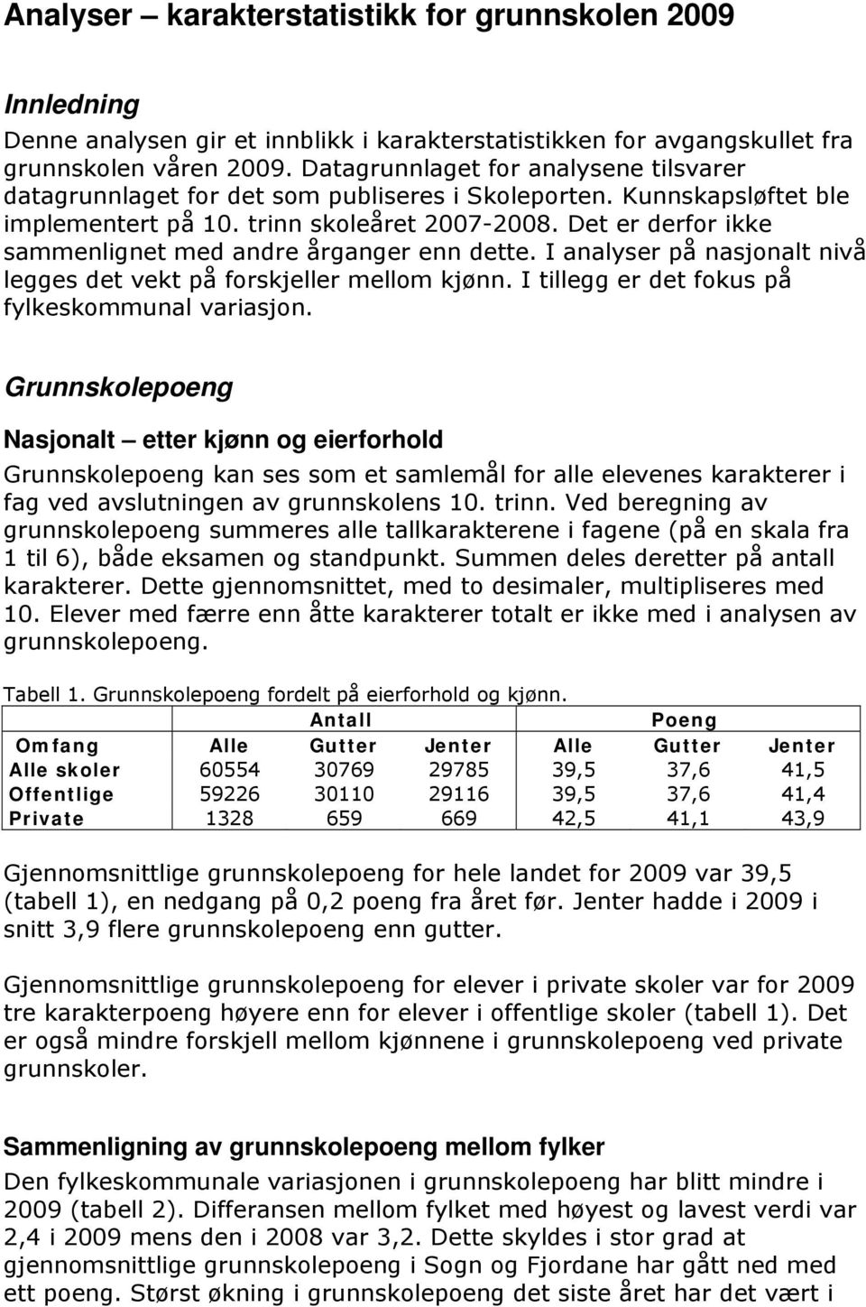 Det er derfor ikke sammenlignet med andre årganger enn dette. I analyser på nasjonalt nivå legges det vekt på forskjeller mellom kjønn. I tillegg er det fokus på fylkeskommunal variasjon.