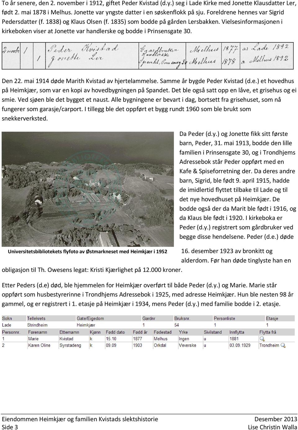 Vielsesinformasjonen i kirkeboken viser at Jonette var handlerske og bodde i Prinsensgate 30. Den 22. mai 1914 døde Marith Kvistad av hjertelammelse. Samme år bygde Peder Kvistad (d.e.) et hovedhus på Heimkjær, som var en kopi av hovedbygningen på Spandet.