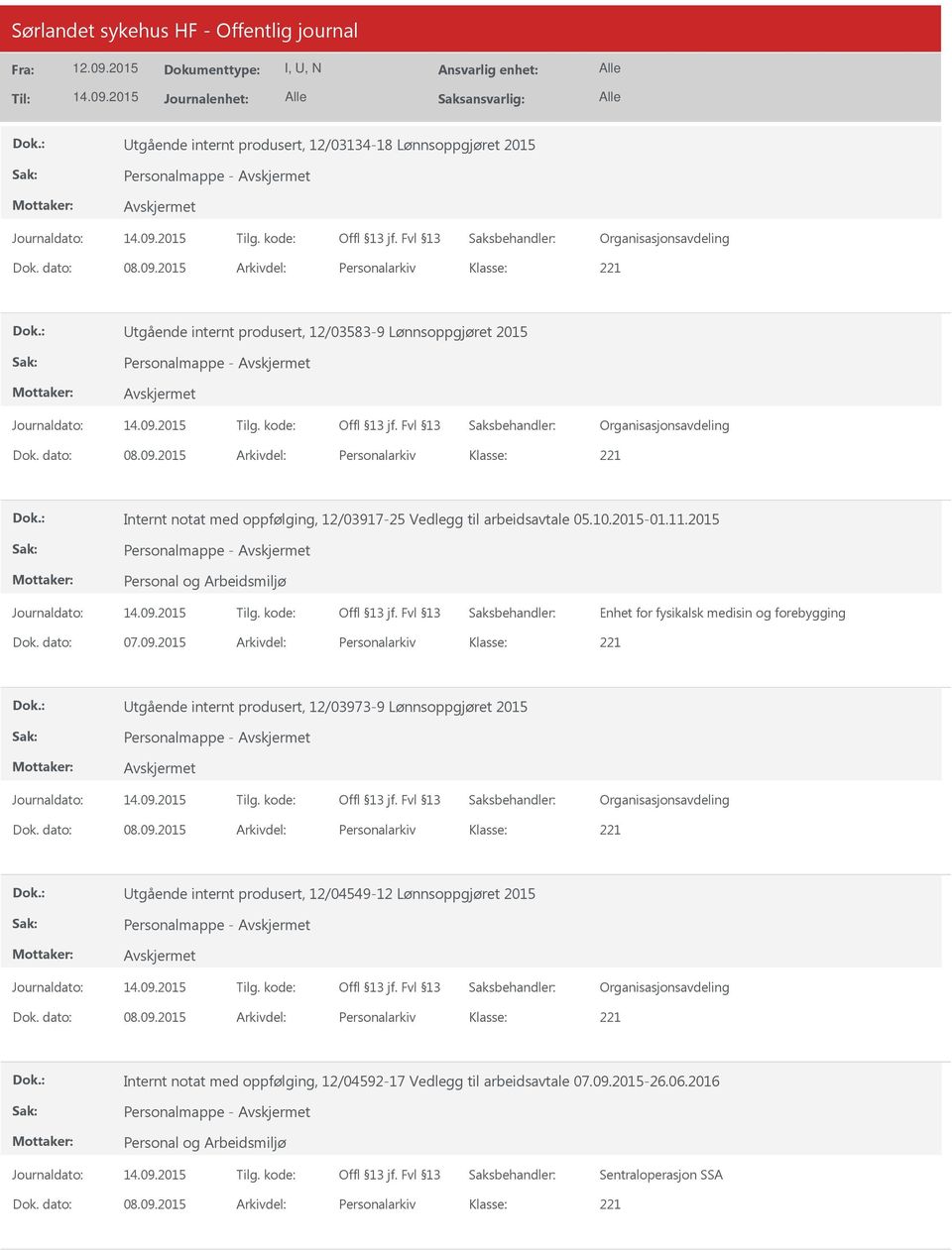 2015 Arkivdel: Personalarkiv Internt notat med oppfølging, 12/03917-25 Vedlegg til arbeidsavtale 05.10.2015-01.11.2015 Personalmappe - Enhet for fysikalsk medisin og forebygging Dok. dato: 07.09.