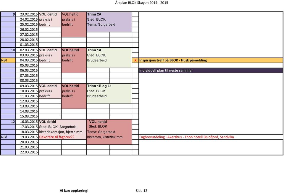 03.2015 08.03.2015 11 09.03.2015 VOL deltid VOL heltid Trinn 1B og L1 10.03.2015 praksis i praksis i Sted: BLOK 11.03.2015 bedrift bedrift Brudearbeid 12.03.2015 13.03.2015 14.03.2015 15.03.2015 12 16.