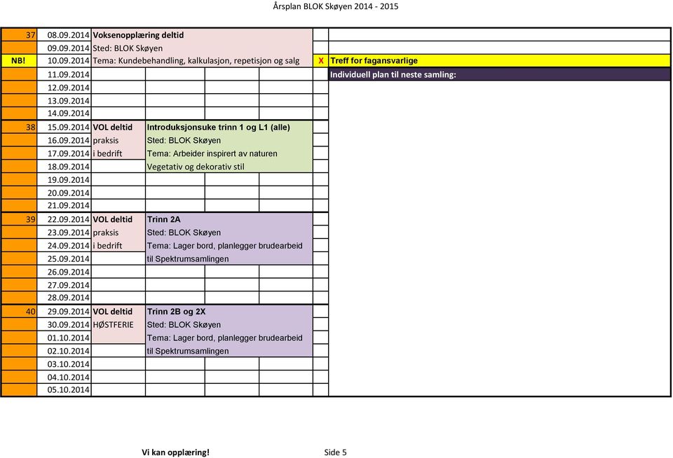 09.2014 20.09.2014 21.09.2014 39 22.09.2014 VOL deltid Trinn 2A 23.09.2014 praksis Sted: BLOK Skøyen 24.09.2014 i bedrift Tema: Lager bord, planlegger brudearbeid 25.09.2014 til Spektrumsamlingen 26.