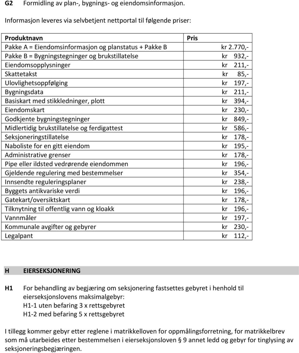 394, Eiendomskart kr 230, Godkjente bygningstegninger kr 849, Midlertidig brukstillatelse og ferdigattest kr 586, Seksjoneringstillatelse kr 178, Naboliste for en gitt eiendom kr 195, Administrative