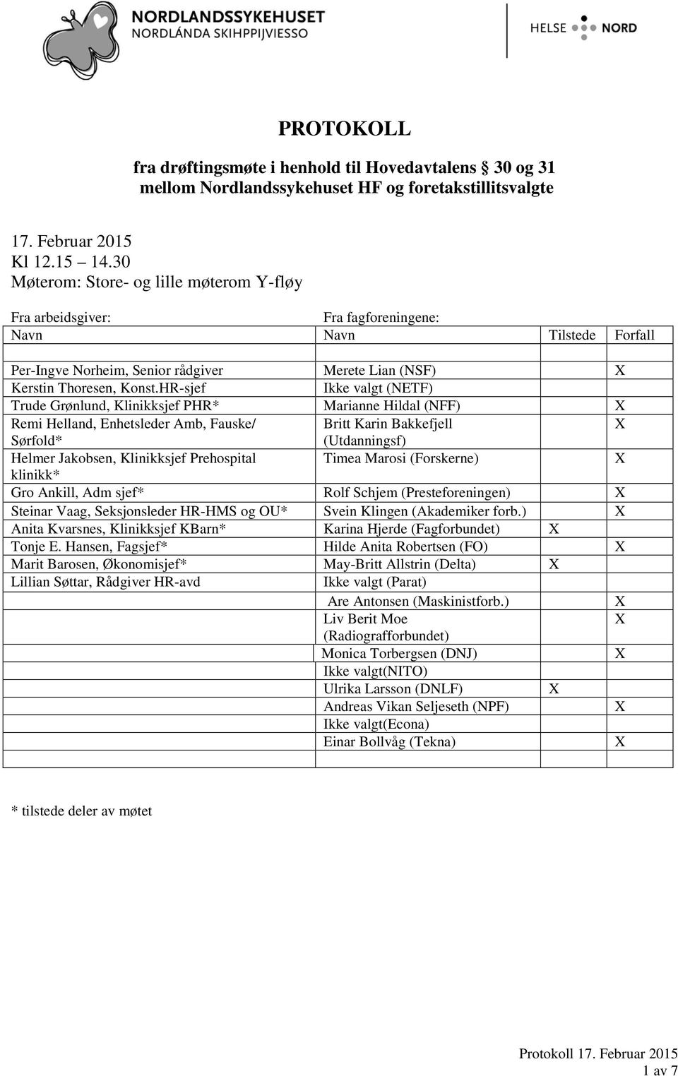 HR-sjef Ikke valgt (NETF) Trude Grønlund, Klinikksjef PHR* Marianne Hildal (NFF) Remi Helland, Enhetsleder Amb, Fauske/ Britt Karin Bakkefjell Sørfold* (Utdanningsf) Helmer Jakobsen, Klinikksjef