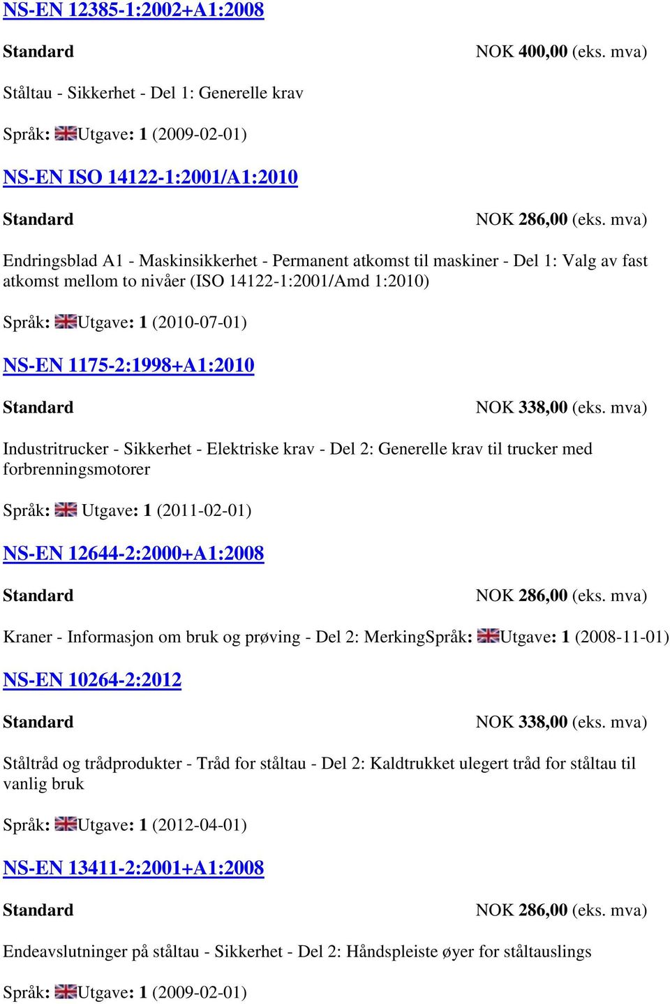 1175-2:1998+A1:2010 Industritrucker - Sikkerhet - Elektriske krav - Del 2: Generelle krav til trucker med forbrenningsmotorer Språk: Utgave: 1 (2011-02-01) NS-EN 12644-2:2000+A1:2008 NOK 286,00 (eks.