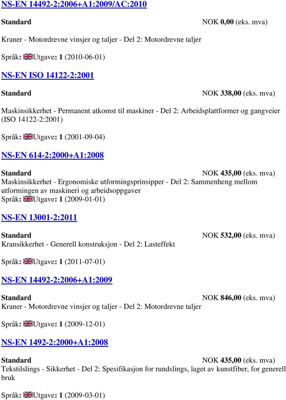 mellom utformingen av maskineri og arbeidsoppgaver Språk: Utgave: 1 (2009-01-01) NS-EN 13001-2:2011 Kransikkerhet - Generell konstruksjon - Del 2: Lasteffekt NOK 532,00 (eks.