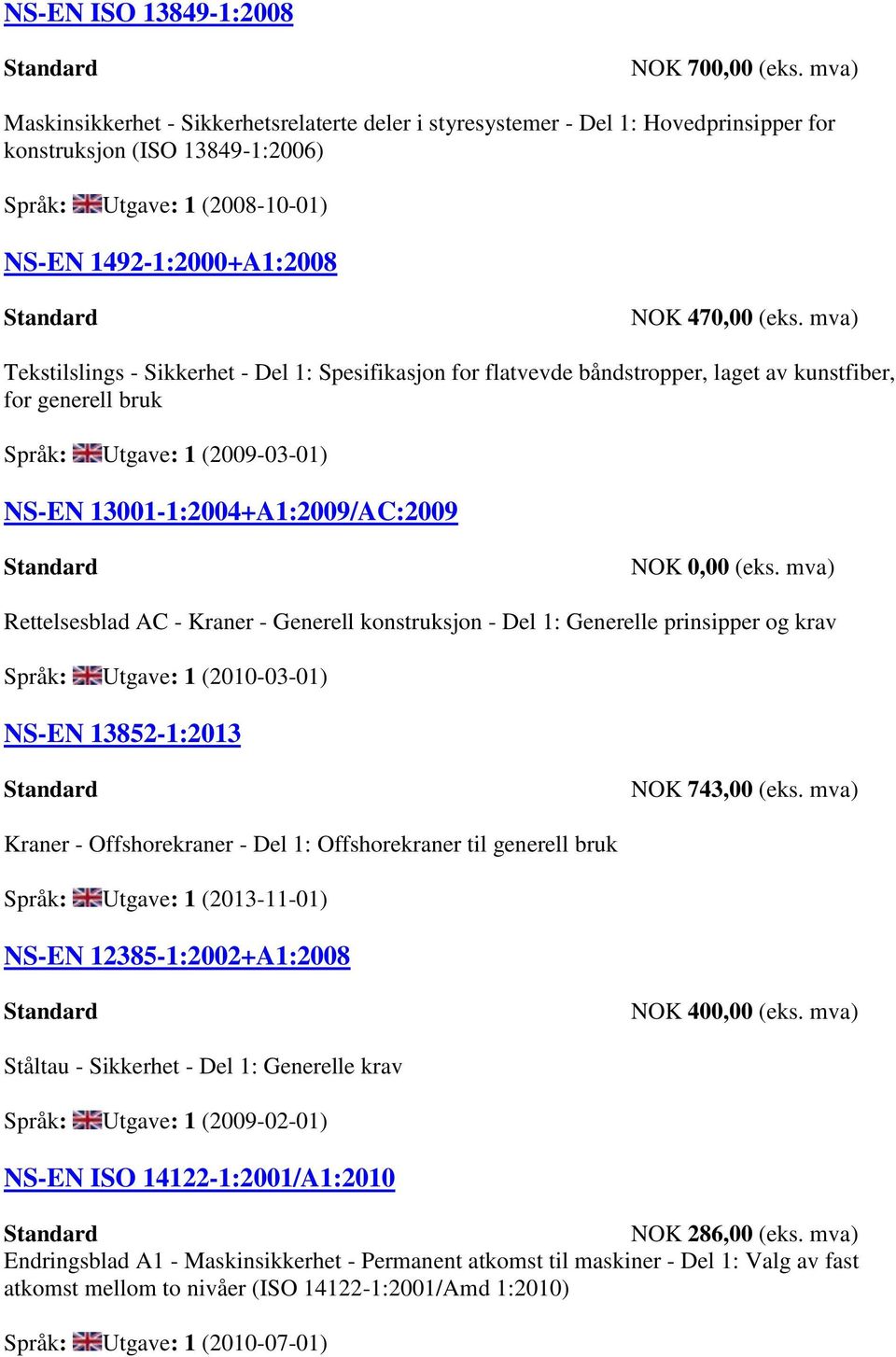 mva) Tekstilslings - Sikkerhet - Del 1: Spesifikasjon for flatvevde båndstropper, laget av kunstfiber, for generell bruk Språk: Utgave: 1 (2009-03-01) NS-EN 13001-1:2004+A1:2009/AC:2009 Rettelsesblad