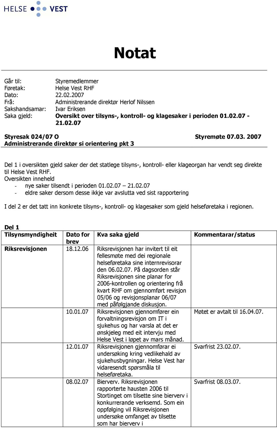 03. 2007 Administrerande direktør si orientering pkt 3 Del 1 i oversikten gjeld saker der det statlege tilsyns-, kontroll- eller klageorgan har vendt seg direkte til Helse Vest RHF.