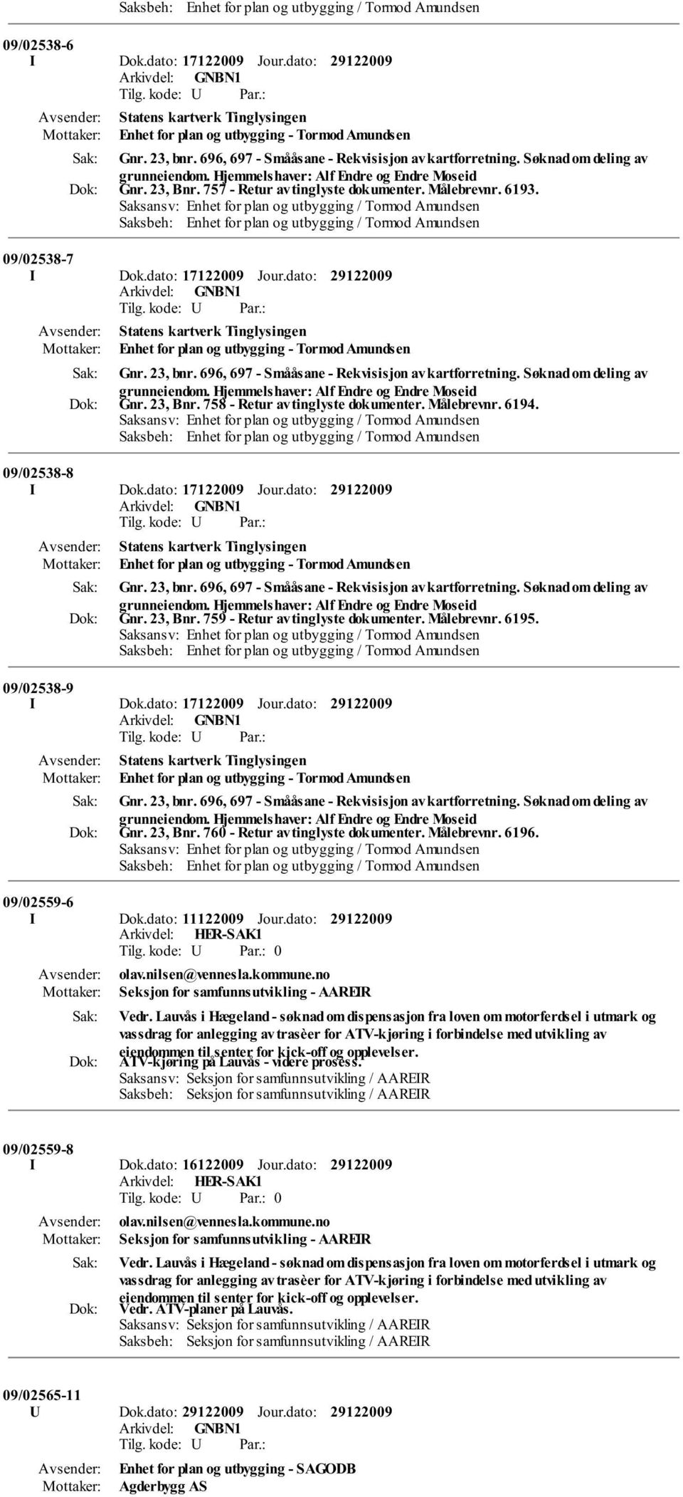 dato: Enhet for plan og utbygging - Tormod Amundsen Gnr. 23, bnr. 696, 697 - Smååsane - Rekvisisjon av kartforretning. Søknad om deling av Gnr. 23, Bnr. 758 - Retur av tinglyste dokumenter.