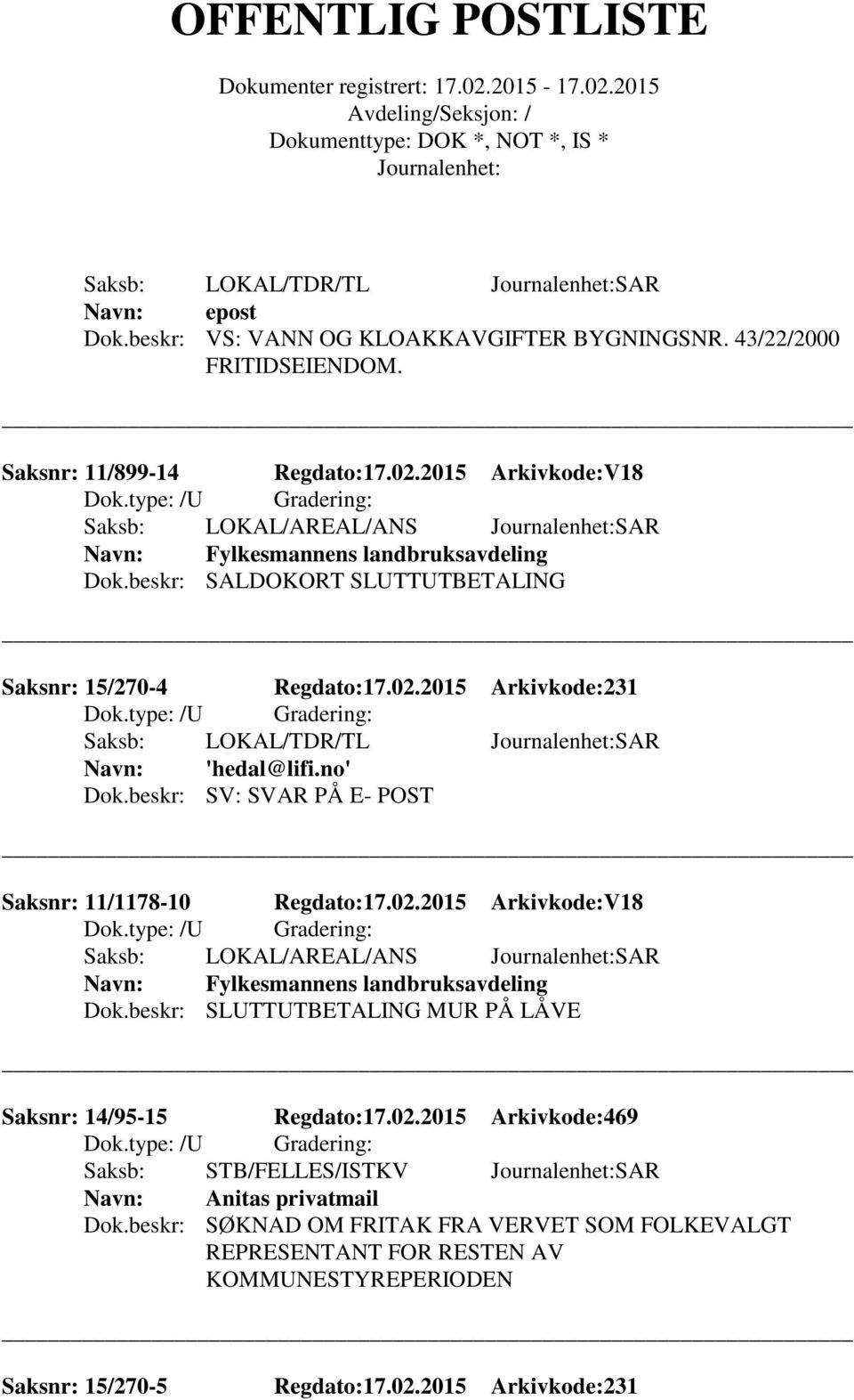 2015 Arkivkode:231 Saksb: LOKAL/TDR/TL SAR 'hedal@lifi.no' Dok.beskr: SV: SVAR PÅ E- POST Saksnr: 11/1178-10 Regdato:17.02.