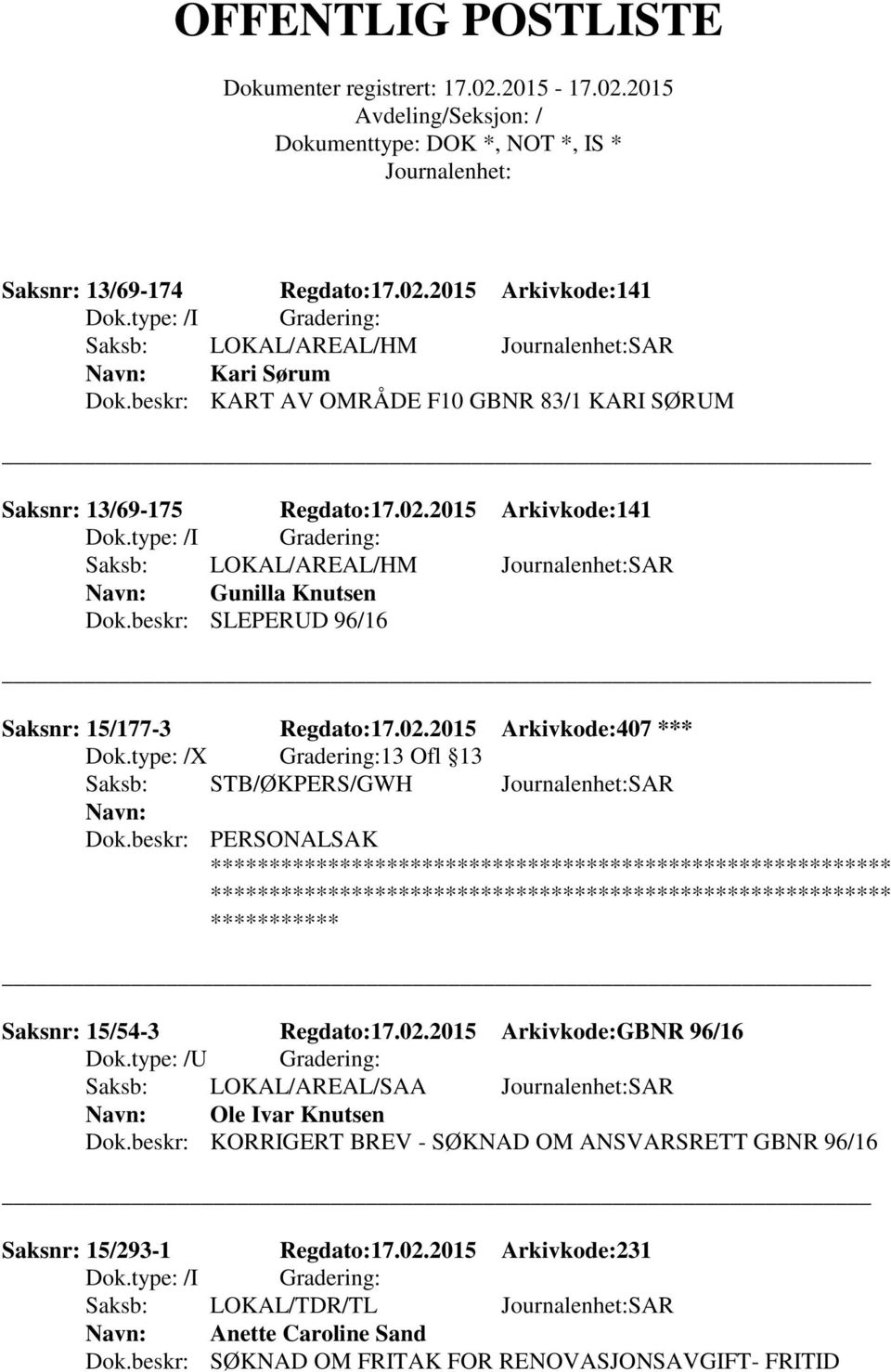 beskr: PERSONALSAK Saksnr: 15/54-3 Regdato:17.02.2015 Arkivkode:GBNR 96/16 Saksb: LOKAL/AREAL/SAA SAR Ole Ivar Knutsen Dok.