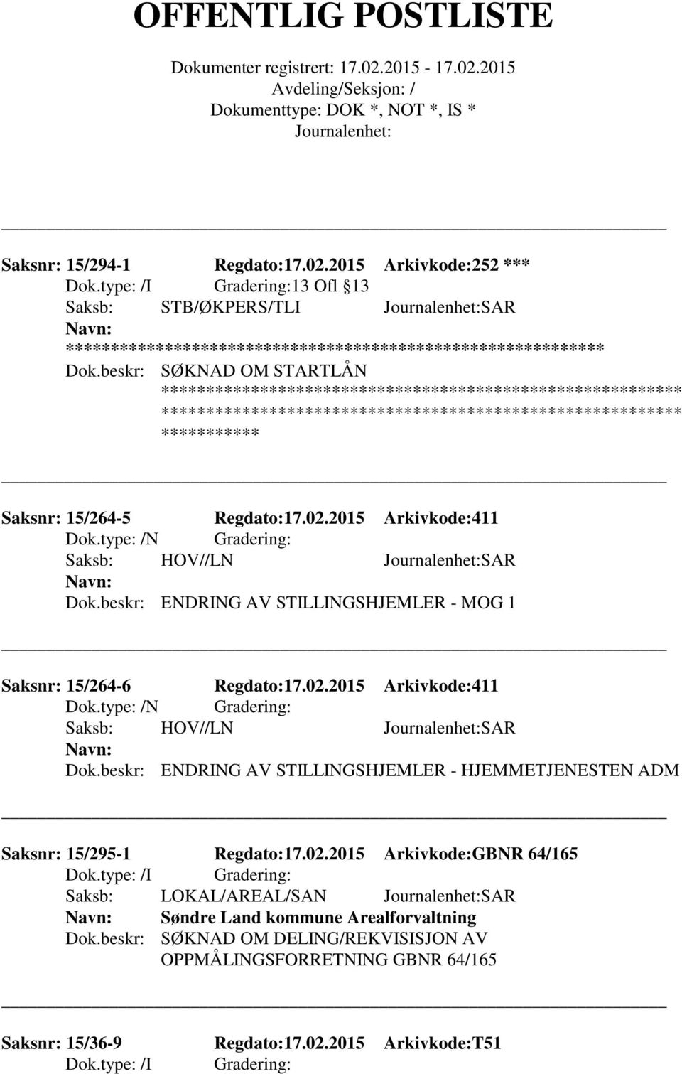 type: /N Gradering: Saksb: HOV//LN SAR Dok.beskr: ENDRING AV STILLINGSHJEMLER - HJEMMETJENESTEN ADM Saksnr: 15/295-1 Regdato:17.02.