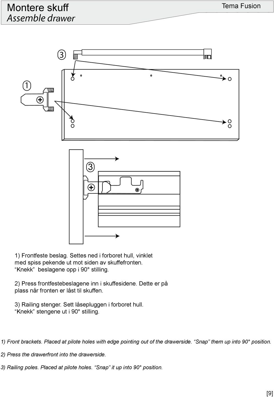 3) Railing stenger. Sett låsepluggen i forboret hull. Knekk stengene ut i 90 stilling. 1) Front brackets.