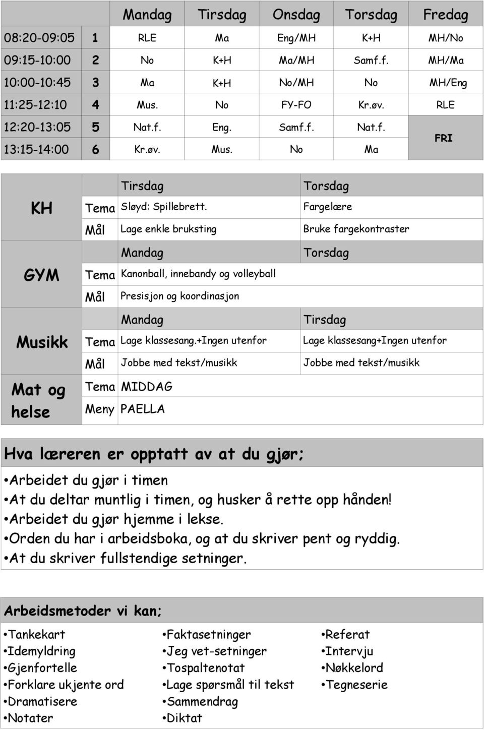 Fargelære Lage enkle bruksting Bruke fargekontraster Mandag Torsdag Kanonball, innebandy og volleyball Presisjon og koordinasjon Mandag Tirsdag Lage klassesang.