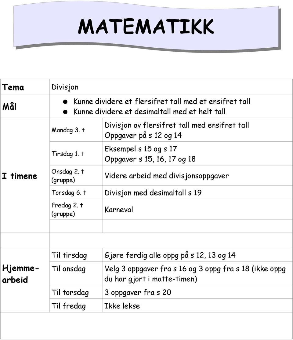 t (gruppe) Divisjon av flersifret tall med ensifret tall Oppgaver på s 12 og 14 Eksempel s 15 og s 17 Oppgaver s 15, 16, 17 og 18 Videre arbeid med