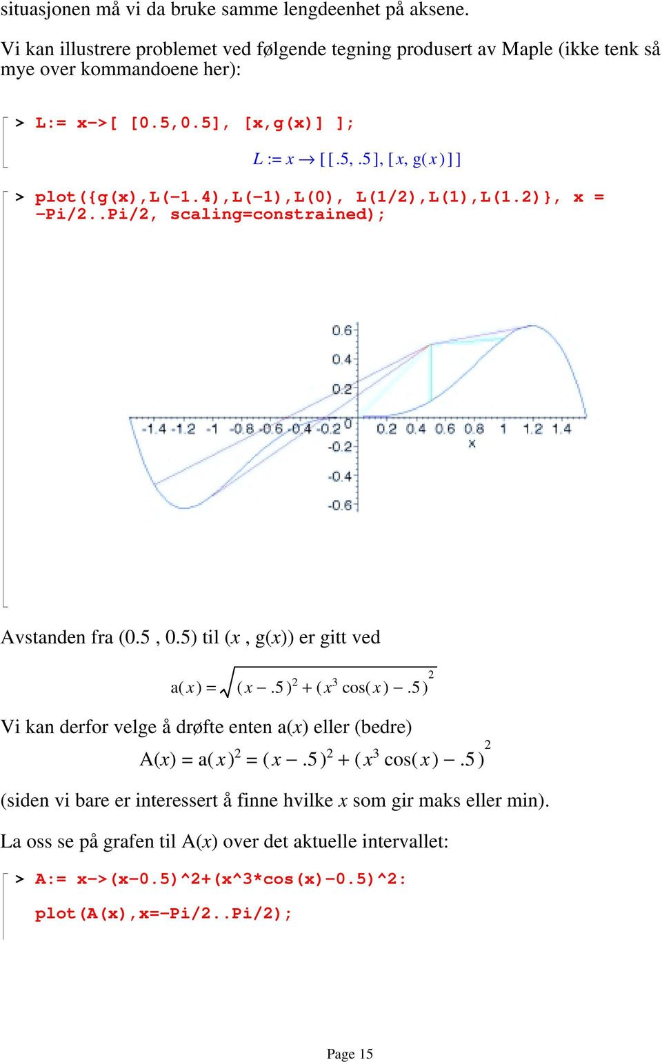 5) til (x, g(x)) er gitt ved a( x ) = ( x.5 ) 2 + ( x 3 cos( x ).5) 2 Vi kan derfor velge å drøfte enten a(x) eller (bedre) A(x) = a( x) 2 = ( x.5) 2 + ( x 3 cos( x ).