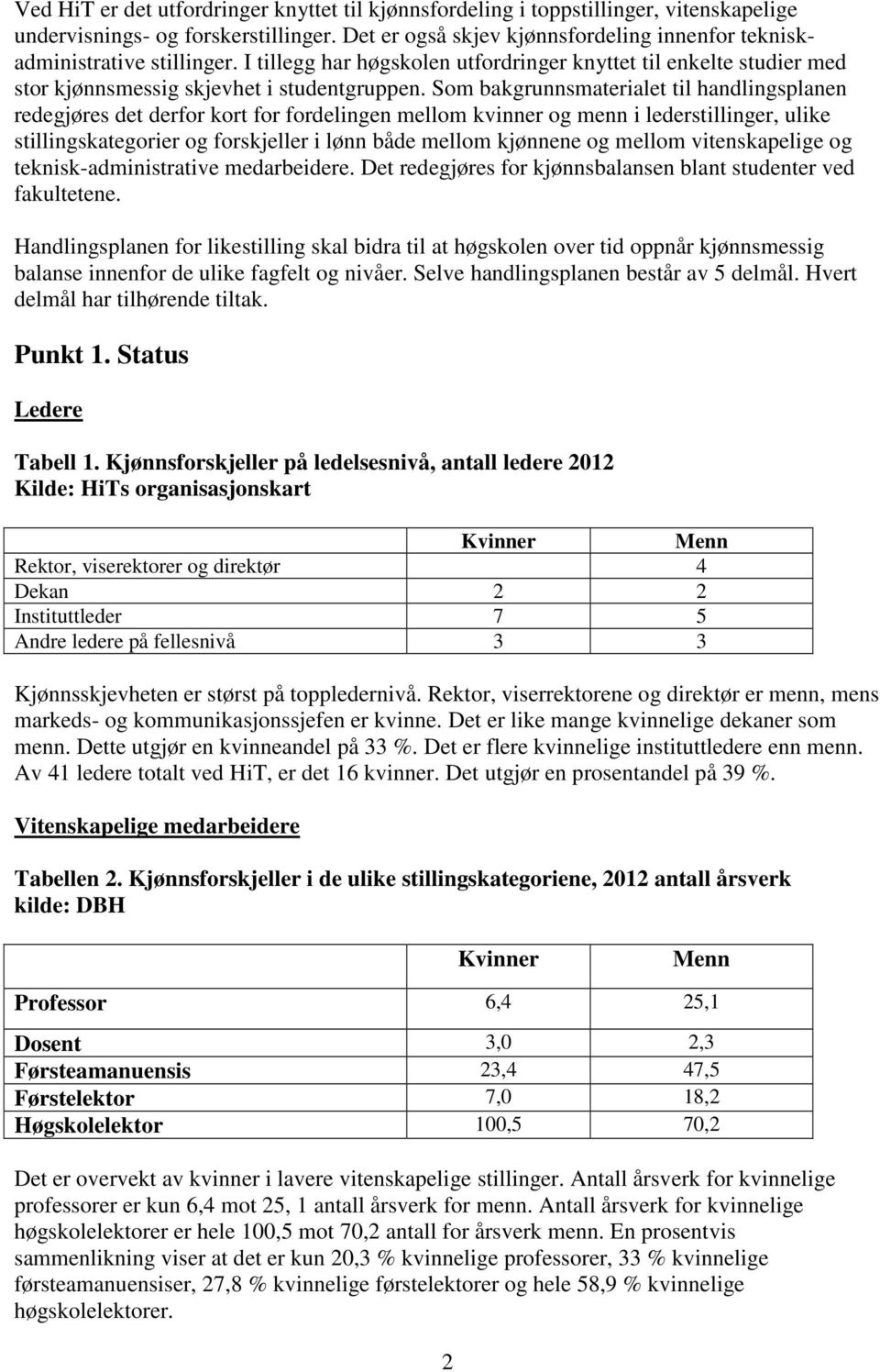 Som bakgrunnsmaterialet til handlingsplanen redegjøres det derfor kort for fordelingen mellom kvinner og menn i lederstillinger, ulike stillingskategorier og forskjeller i lønn både mellom kjønnene