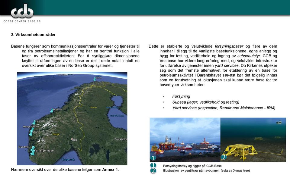 Dette er etablerte og velutviklede forsyningsbaser og flere av dem innehar i tillegg til de vanligste basefunksjonene, egne anlegg og bygg for testing, vedlikehold og lagring av subseautstyr.