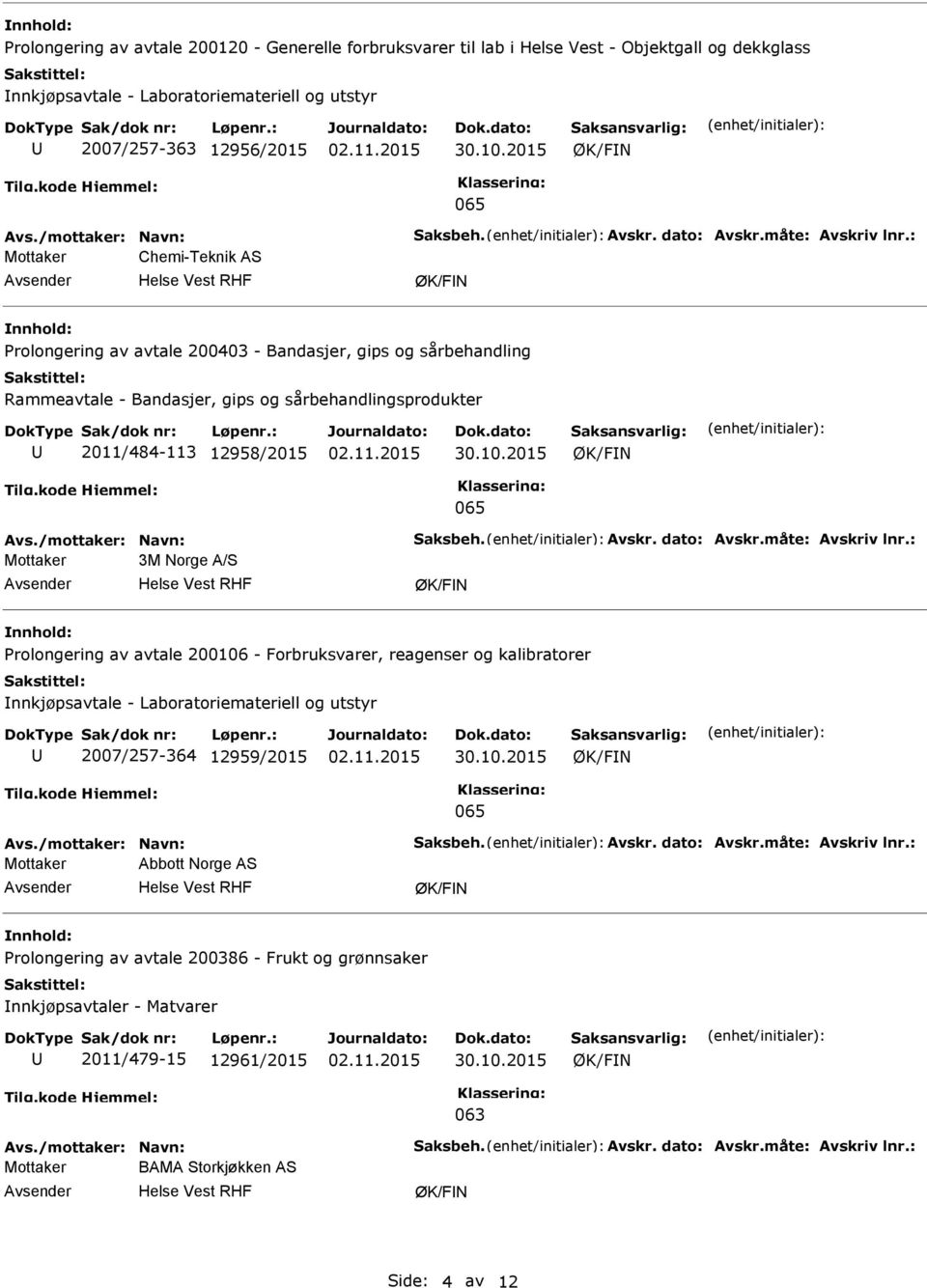 : Mottaker Chemi-Teknik AS Prolongering av avtale 200403 - Bandasjer, gips og sårbehandling Rammeavtale - Bandasjer, gips og sårbehandlingsprodukter 2011/484-113 12958/2015 Avs.