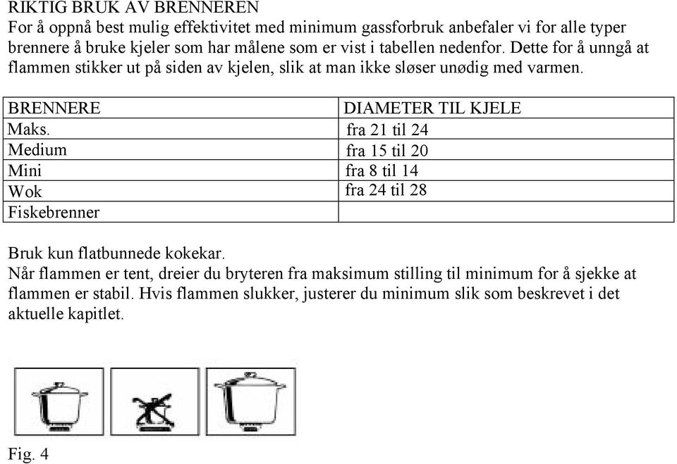 BRENNERE DIAMETER TIL KJELE Maks. fra 21 til 24 Medium fra 15 til 20 Mini fra 8 til 14 Wok fra 24 til 28 Fiskebrenner Bruk kun flatbunnede kokekar.